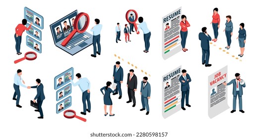 Recruiting isometric icons set with managers making choice of applicants when applying for job isolated vector illustration