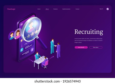 Recruiting isometric landing page. Hiring agency, human resource online service, tiny people at huge smartphone with magnifier and app for research applicant for vacant work place 3d vector web banner