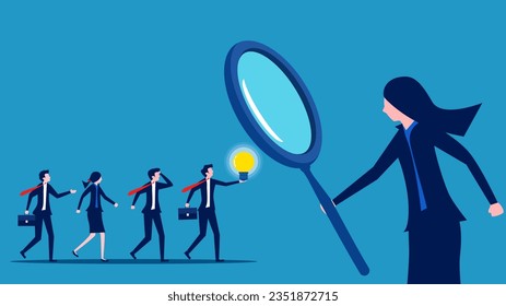 Recruiting knowledgeable personnel. Businesswoman using a magnifying glass to select smart job candidates