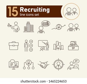 Recruiting line icon set. Office, candidate, salary, video interview. Human resource concept. Can be used for topics like career, job, HR, employment