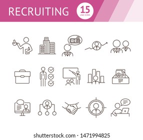 Recruiting line icon set. Office, candidate, salary, video interview. Human resource concept. Can be used for topics like career, job, HR, employment
