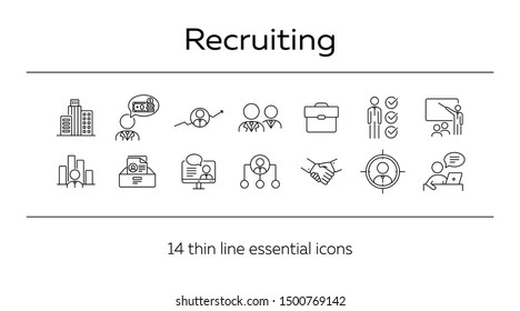 Recruiting line icon set. Office, candidate, salary, video interview. Human resource concept. Can be used for topics like career, job, HR, employment