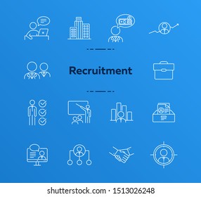 Recruiting line icon set. Office, candidate, salary, video interview. Human resource concept. Can be used for topics like career, job, HR, employment
