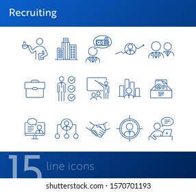 Recruiting line icon set. Office, candidate, salary, video interview. Human resource concept. Can be used for topics like career, job, HR, employment