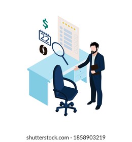 Recruiting manager in his office 3d isometric vector illustration