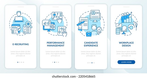 Métodos de contratación pantalla azul de aplicación móvil a bordo. Recorrido del sistema HR 4 pasos instrucciones gráficas editables con conceptos lineales. UI, UX, plantilla GUI. Multitud de tipos de letra Pro-Bold, con uso regular