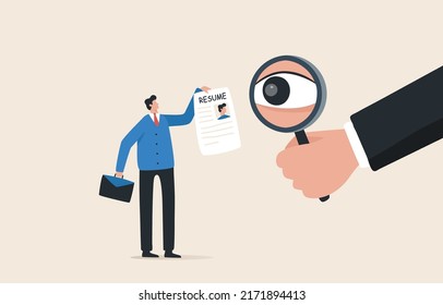 Recruiting New Employees. Human Resources Background Checks For Employers And HR Specialists. Hand Of Hiring Manager Using Magnifying Glass Tor Review Resume.