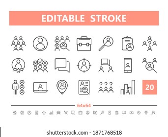 Recruiting New Staff 20 line icons. Vector illustration in line style. Editable Stroke, 64x64, 256x256, Pixel Perfect.