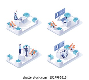 Recruiting office isometric vector illustration. Company personnel, workers 3D cartoon characters. Head hunting, human resources department. Recruiter hires new employee, Agents search for candidates