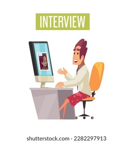 Recruiting online interview cartoon concept with job candidate talking to female recruiter on video call vector illustration