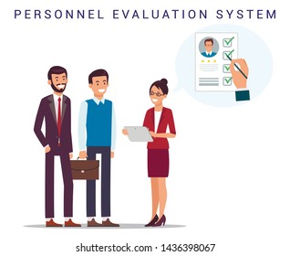Recruiting. Personnel Evaluation System. Open Vacancy. Woman with Tablet Communicates with Two Men. Vector Illustration. HR Manager. Competitive Workplace. Recruitment Agency. Review Resume.