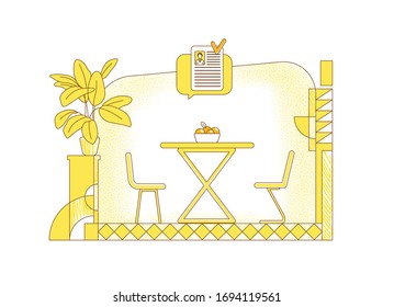 Recruiting place flat silhouette vector illustration. Job negotiation room contour composition on yellow background. Empty meeting place and speech bubble candidate CV simple style drawing