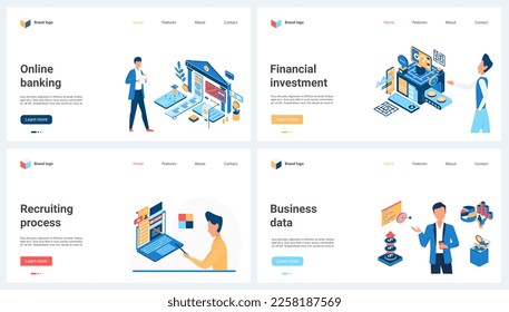 Recruiting process, online banking and financial investment set vector illustration. Cartoon tiny people research analytics, account data in bank mobile app, recruit employee for business development