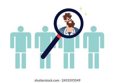 Proceso de reclutamiento para seleccionar candidatos para una vacante, con lupa sobre muchas personas cara a cara. Concepto de importancia de la búsqueda de personal para el departamento de RRHH
