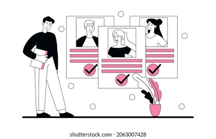Recruiting professionals concept. Man looks at candidates questionnaire, checking portfolio, evaluating potential employees, business. Cartoon flat vector illustration isolated on white background