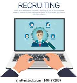 Recruiting and Search for Best Candidate Flat Cartoon Banner Vector Illustration. Hands Looking for Applicant on Laptop. Smiling Young Man in Business Suit under Magnifying Glass. People for Job.