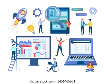 Recruiting, SEO optimization, characters work in a team, setting up and developing computer technology. Vector illustration.