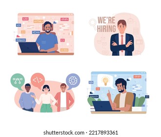 Recruiting software engineers 2D vector isolated illustration set. Flat characters on cartoon background. Colourful editable scene pack for mobile, website, presentation. Bebas Neue font used