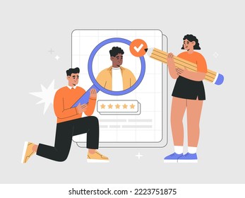 Recruiting team searching the best candidate for job. Hr managers with big magnifying glass to chooses employees. Analyze CV, resume. Hand drawn colored vector illustration, modern flat cartoon style.