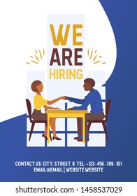 Recruiting vector illustration poster. Social presentation for employment and recruitment. Web recruit resources, choice, research or fill form. Application for employee hiring.