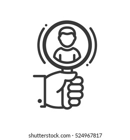 Recruiting - vector line design single isolated icon, pictogram. Hand holding magnifying glass and person in it