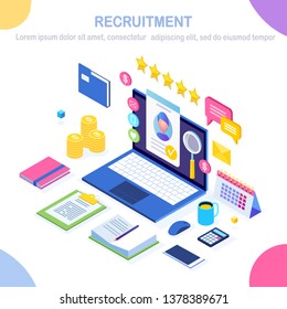 Recruitment. 3d isometric computer, laptop, pc with cv resume, folder, stars. Human Resources, HR. Hiring employees. Job interview. Vector design for banner