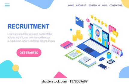 Recruitment. 3d isometric computer, laptop, pc with cv resume, folder, stars. Human Resources, HR. Hiring employees. Job interview. Vector design for banner