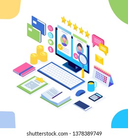Recruitment. 3d isometric computer, laptop, pc with cv resume, folder, stars. Human Resources, HR. Hiring employees. Job interview. Vector design for banner