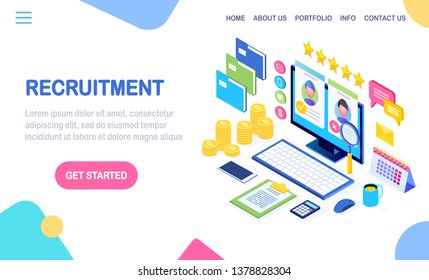 Recruitment. 3d isometric computer, laptop, pc with cv resume, folder, stars. Human Resources, HR. Hiring employees. Job interview. Vector design for banner