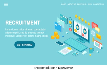 Recruitment. 3d isometric computer, laptop, pc with cv resume, folder, stars. Human Resources, HR. Hiring employees. Job interview. Vector design for banner