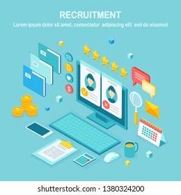 Recruitment. 3d isometric computer, laptop, pc with cv resume, folder, stars. Human Resources, HR. Hiring employees. Job interview. Vector design for banner