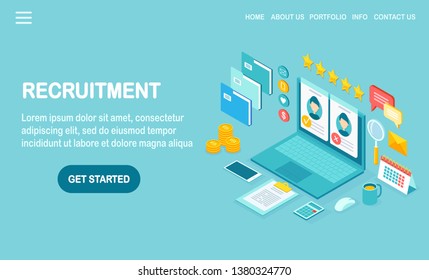 Recruitment. 3d isometric computer, laptop, pc with cv resume, folder, stars. Human Resources, HR. Hiring employees. Job interview. Vector design for banner