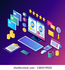 Recruitment. 3d isometric computer, laptop, pc with cv resume, folder, stars. Human Resources, HR. Hiring employees. Job interview. Vector design for banner