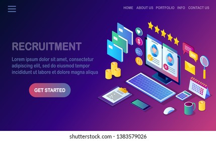 Recruitment. 3d isometric computer, laptop, pc with cv resume, folder, stars. Human Resources, HR. Hiring employees. Job interview. Vector design for banner