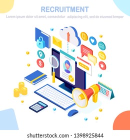 Recruitment. 3d isometric computer, laptop, pc with cv resume, folder, megaphone, bullhorn, loudspeaker, speech bubble. Human Resources, HR. Hiring employees. Job interview. Vector design for banner