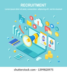 Recruitment. 3d isometric computer, laptop, pc with cv resume, folder, megaphone, bullhorn, loudspeaker, speech bubble. Human Resources, HR. Hiring employees. Job interview. Vector design for banner