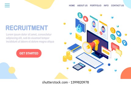 Recruitment. 3d isometric computer, laptop, pc with cv resume, folder, megaphone, bullhorn, loudspeaker, speech bubble. Human Resources, HR. Hiring employees. Job interview. Vector design for banner