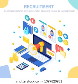 Recruitment. 3d isometric computer, laptop, pc with cv resume, folder, megaphone, bullhorn, loudspeaker, speech bubble. Human Resources, HR. Hiring employees. Job interview. Vector design for banner