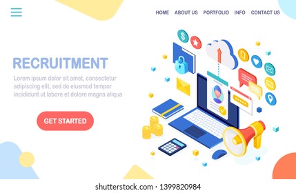 Recruitment. 3d isometric computer, laptop, pc with cv resume, folder, megaphone, bullhorn, loudspeaker, speech bubble. Human Resources, HR. Hiring employees. Job interview. Vector design for banner