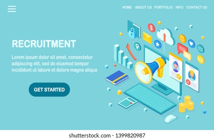 Recruitment. 3d isometric computer, laptop, pc with cv resume, folder, megaphone, bullhorn, loudspeaker, speech bubble. Human Resources, HR. Hiring employees. Job interview. Vector design for banner