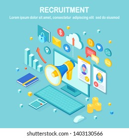 Recruitment. 3d isometric computer, laptop, pc with cv resume, folder, megaphone, bullhorn, loudspeaker, speech bubble. Human Resources, HR. Hiring employees. Job interview. Vector design for banner