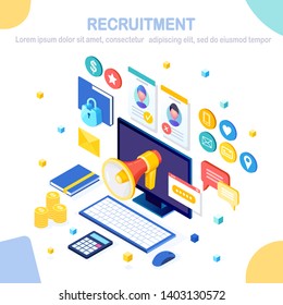 Recruitment. 3d isometric computer, laptop, pc with cv resume, folder, megaphone, bullhorn, loudspeaker, speech bubble. Human Resources, HR. Hiring employees. Job interview. Vector design for banner