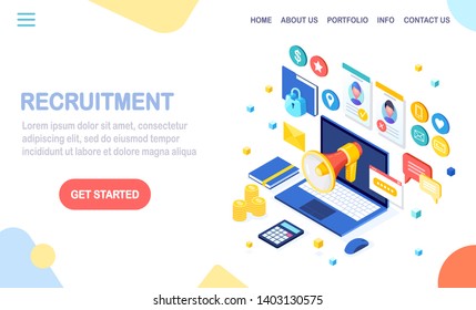 Recruitment. 3d isometric computer, laptop, pc with cv resume, folder, megaphone, bullhorn, loudspeaker, speech bubble. Human Resources, HR. Hiring employees. Job interview. Vector design for banner