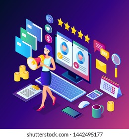 Recruitment. 3d isometric computer, laptop, pc, cv resume, folder, megaphone, bullhorn, woman with loudspeaker. Human Resources, HR manager. Hiring employees. Job interview. Vector design for banner