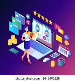 Recruitment. 3d isometric computer, laptop, pc, cv resume, folder, megaphone, bullhorn, woman with loudspeaker. Human Resources, HR manager. Hiring employees. Job interview. Vector design for banner