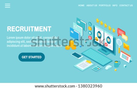 Recruitment. 3d isometric computer, laptop, pc with cv resume, folder, stars. Human Resources, HR. Hiring employees. Job interview. Vector design for banner