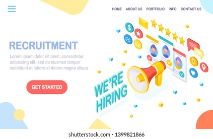 Recruitment. 3d isometric megaphone, bullhorn, loudspeaker with cv resume, folder, speech bubble. Human Resources, HR. Hiring employees. Job interview. Vector design for banner
