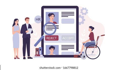 Recruitment ableism concept. HR specialist reject an young disabled woman cv. Discrimination and social prejudice against people with disabilities. Isolated vector illustration in cartoon style