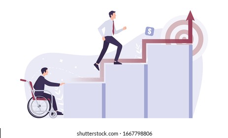 Recruitment ableism concept. Young disabled businessman can't climb a career ladder. Discrimination and social prejudice against people with disabilities. Isolated vector illustration in cartoon style