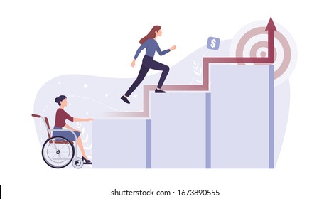 Recruitment ableism concept. Young disabled businesswoman can't climb a career ladder. Discrimination and social prejudice against people with disabilities. Isolated vector illustration